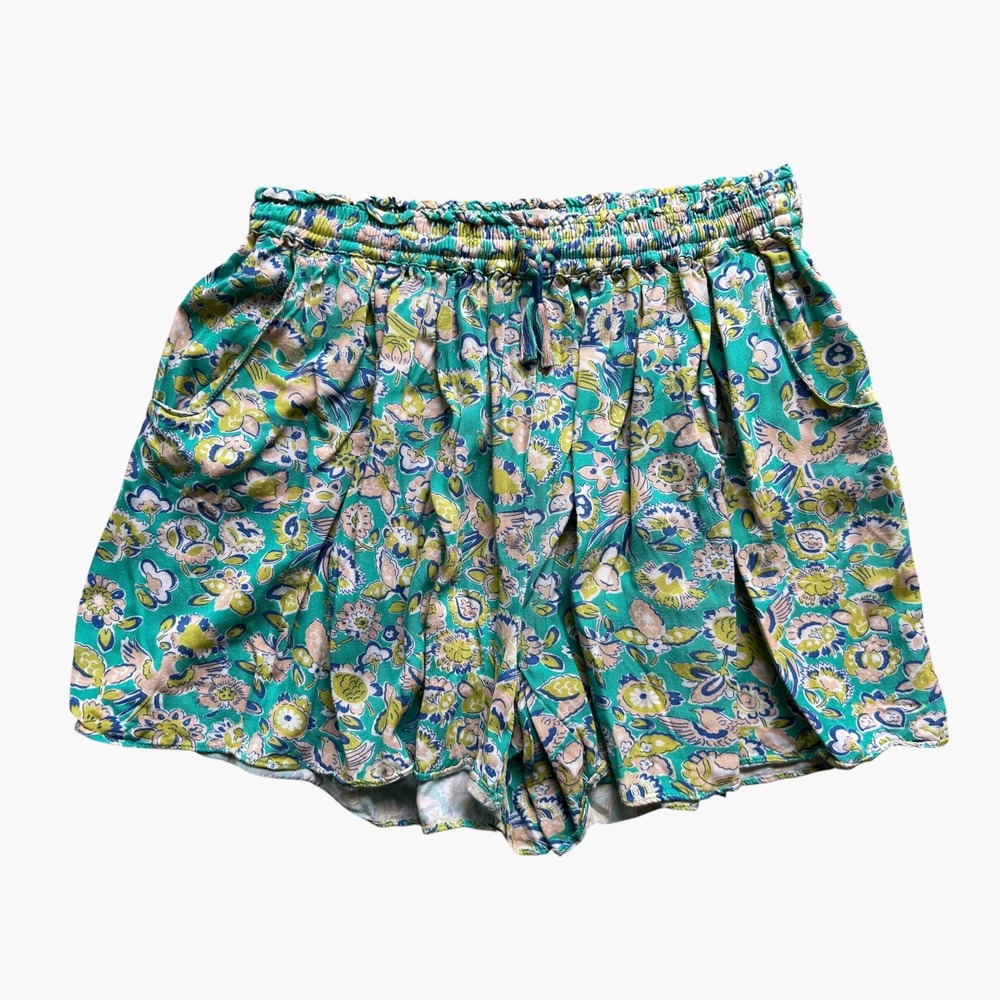 Boden Girls Teal Blur Floral Bird Print Elastic WaistBoho Shorts Size 13-14Yl